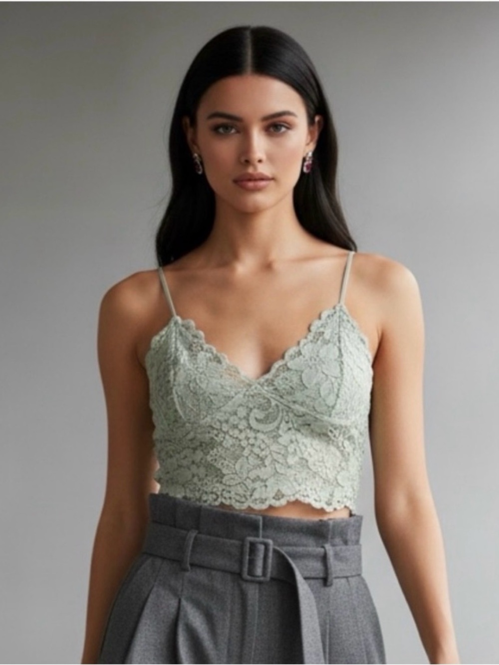 Express Sage Green Lace Crop Cami XL Smocked Back Bralette Top Romantic Chic